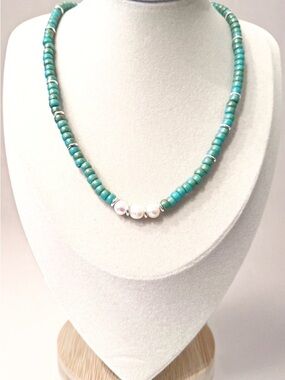 Turquoise Beaded Pearl Accent Necklace - Unbranded